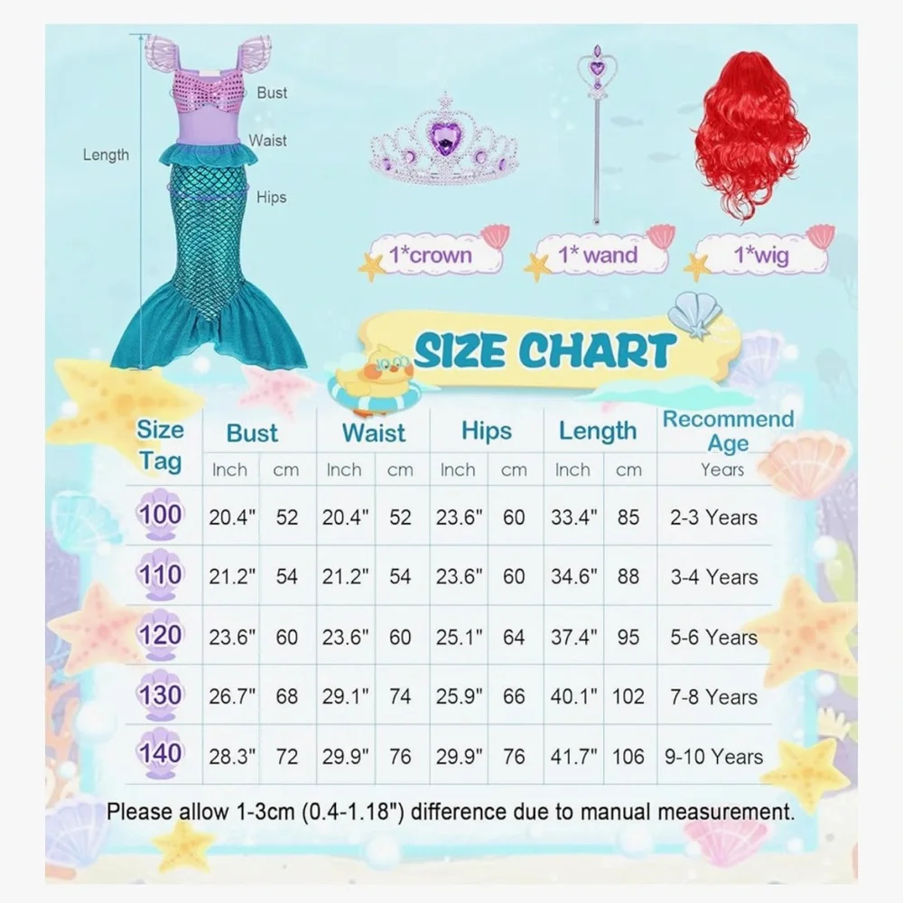 Mermaid Princess Costume Set - Purple and Green 130 or 7-8 year size new